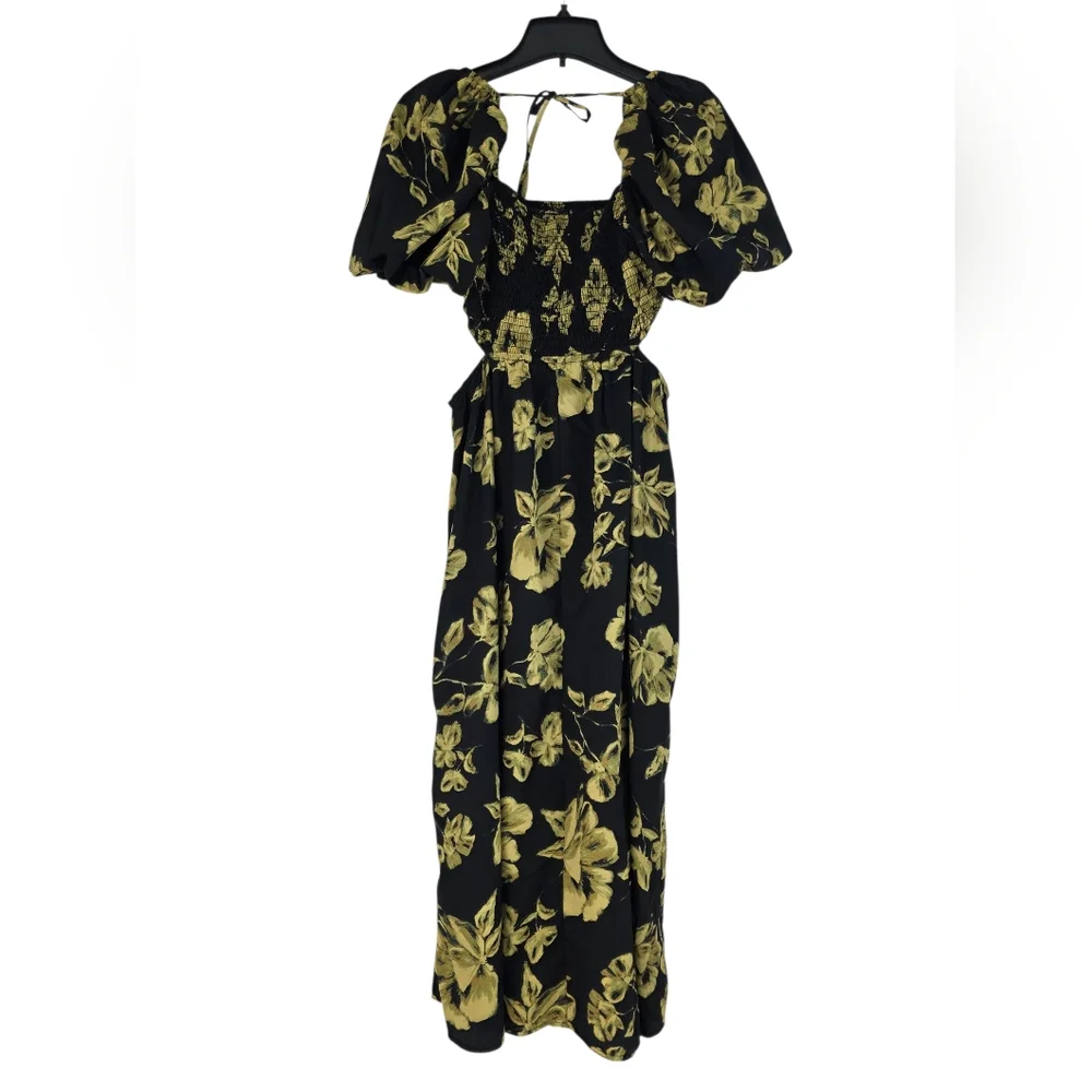 Blush Floral Maxi Dress Puff  Sleeves Smocked Bodice Black Yellow Size XL